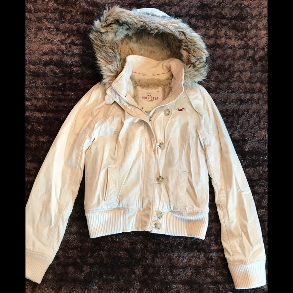 Y2K Hollister Cream Faux Fur Hooded Winter Coat